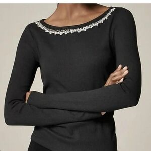 J.Crew Vintage Rib Boatneck Tee With Embellishments WMNS S Black White CF289 LS